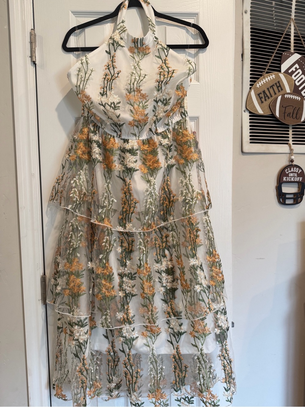 Floral Embroidered Halter Tiered Maxi Dress with Green Accents  Never Worn - Picture 2 of 4